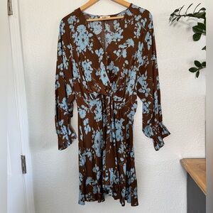 Umgee Floral V-Neck Wrap Mini Boho Dress L